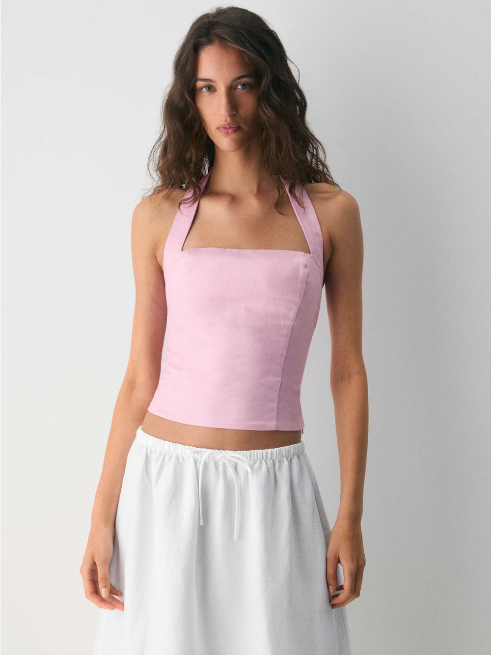 Aritzia Pink Whisper Linen Halter Square-Neck Crop Top